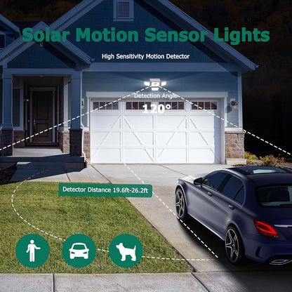 3000LM Solar Lights Outdoor, 4 Adjustable Heads Solar Motion Sensor Lights with 283 LED, IP65 Waterproof Solar Security Wall Lights, Remote Control Flood Lights for Graden, Outside, Backyard 2 Pack