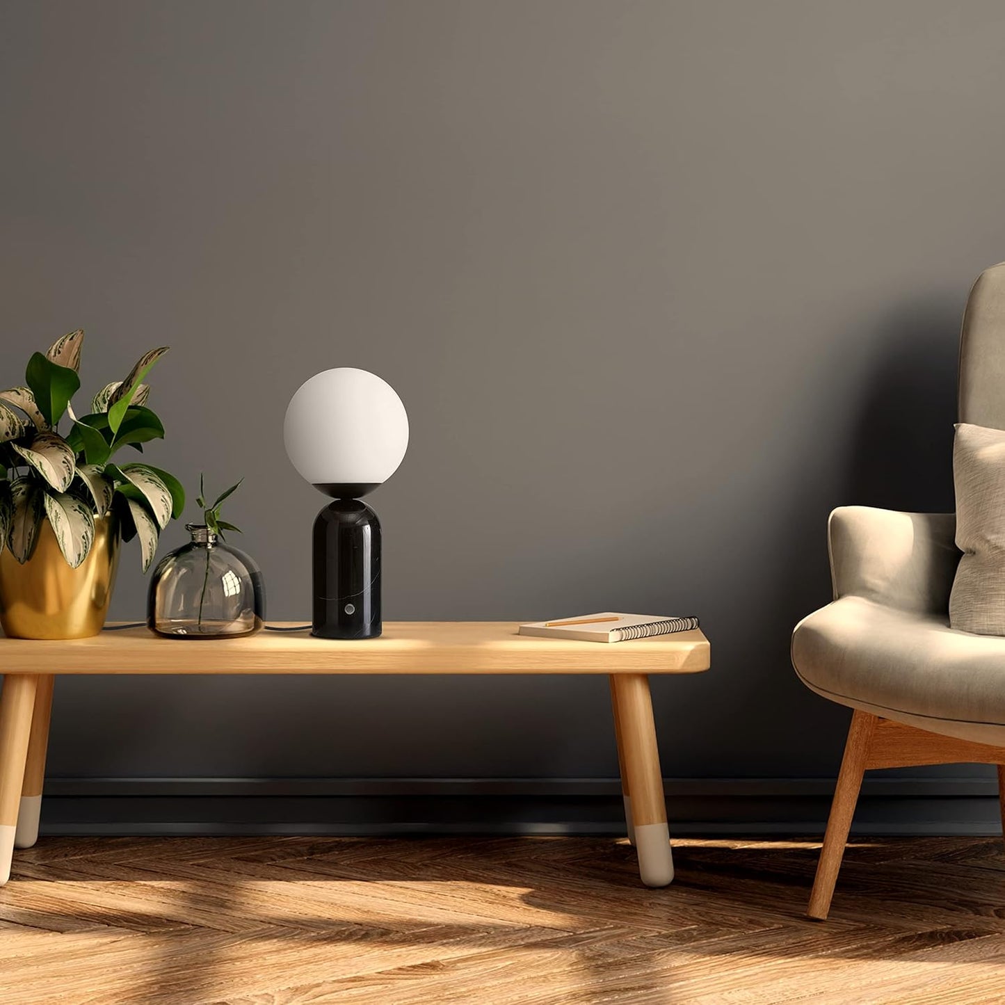 Brightech Mila Tall LED Table Lamp - Bedside Reading Light with Elegant Marble Base, Globe Lamp Shade - Modern Desk and Nightstand Lamp with Ambient Lighting for Bedroom, Living Room, Office - Black