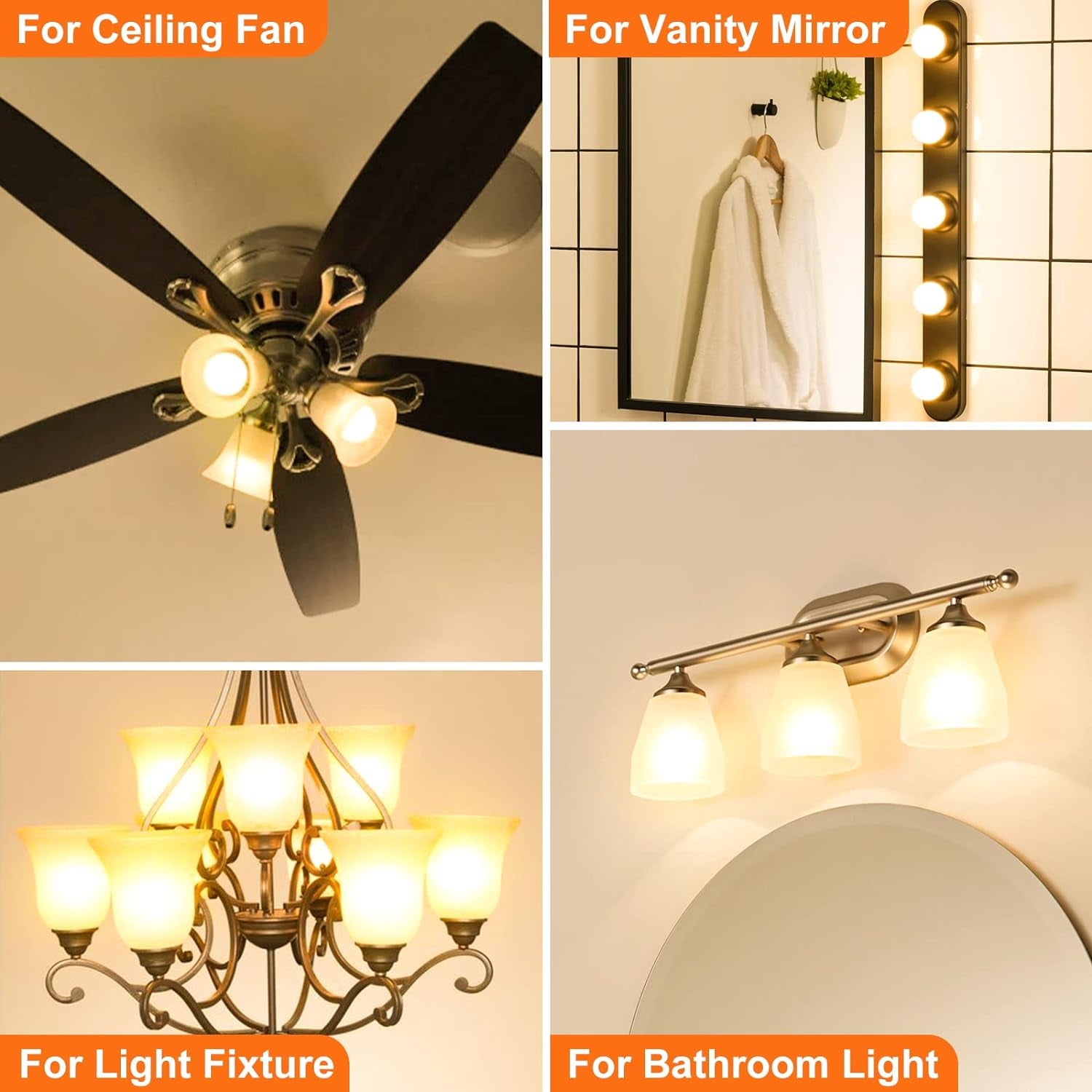 Sailstar A15 Ceiling Fan Light Bulbs, E12 Base, 6Watt (60-Watt Replacement), Soft White 2700K, Non-Dimmable, Candelabra Base LED Light Bulb, 6 Pack