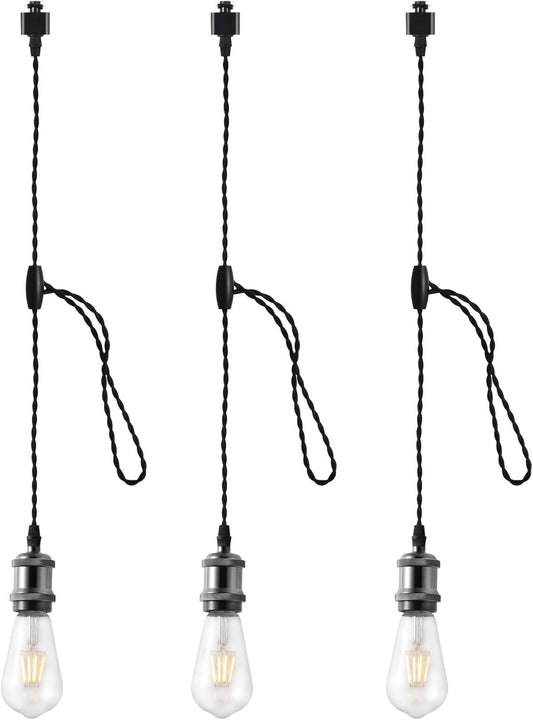 H Track Pendant Lights with Adjustable Cord, H Type Track Lighting Pendants Lights Fixtures with E26 Socket, Retro Vintage Style, Max Length 39.37 Inch, Black 3 Pack(Bulbs Not Included)