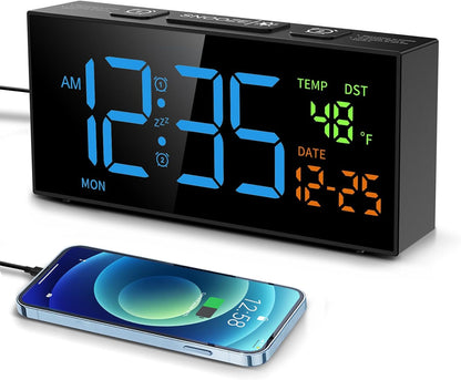 Netzu Alarm Clocks for Bedrooms, Digital Clock with Date Temperature and Weekday, Manual DST, Snooze, 2 Alarms, 4 Volumes for Living Room Home Bedside Desk (Black)