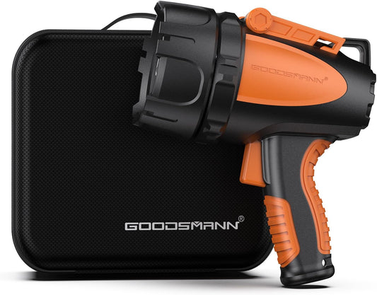 GOODSMANN Rechargeable Spotlight Waterproof Flashlight 4500 Lumen Handheld Searchlight Hunting Light with EVA Carrying Case USB Adapter Car Charger 9924-H101-02