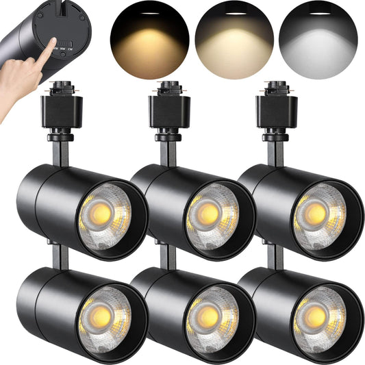 Vanoopee 3-Color 20W Dimmable LED Track Lighting Heads H Type - Bright Track Light Fixtures Ceiling Spotlight for Kitchen, 3000K 4000K 5000K Selectable, Pack of 6, Flicker Free CRI90+ 36° 2000Lm Black