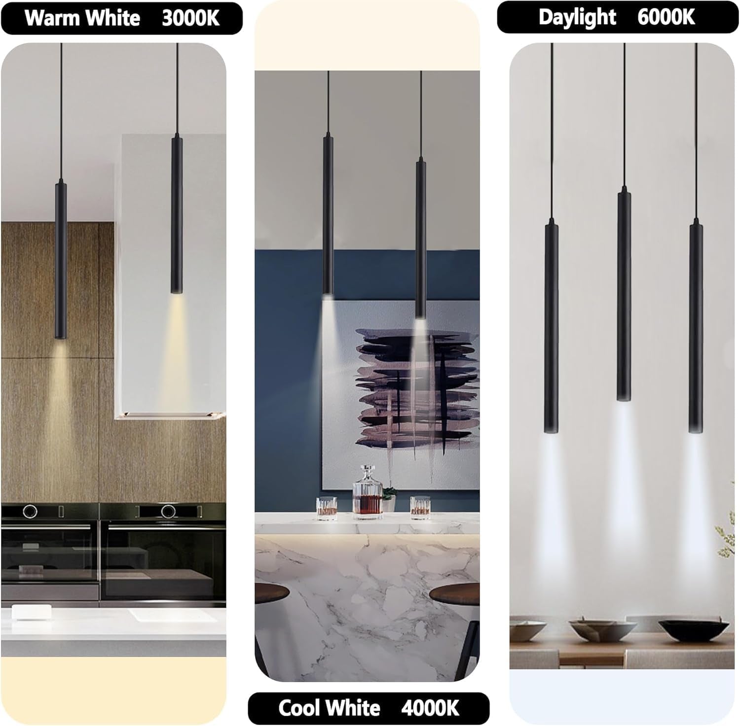 Black Pendant Light 6 3CCT LED Complete Lighting Kit Track or Ceiling Pendant Lighting Fixtures for Kitchen Island, Dining Room, Bedroom, Restaurant, Hotel, Bar