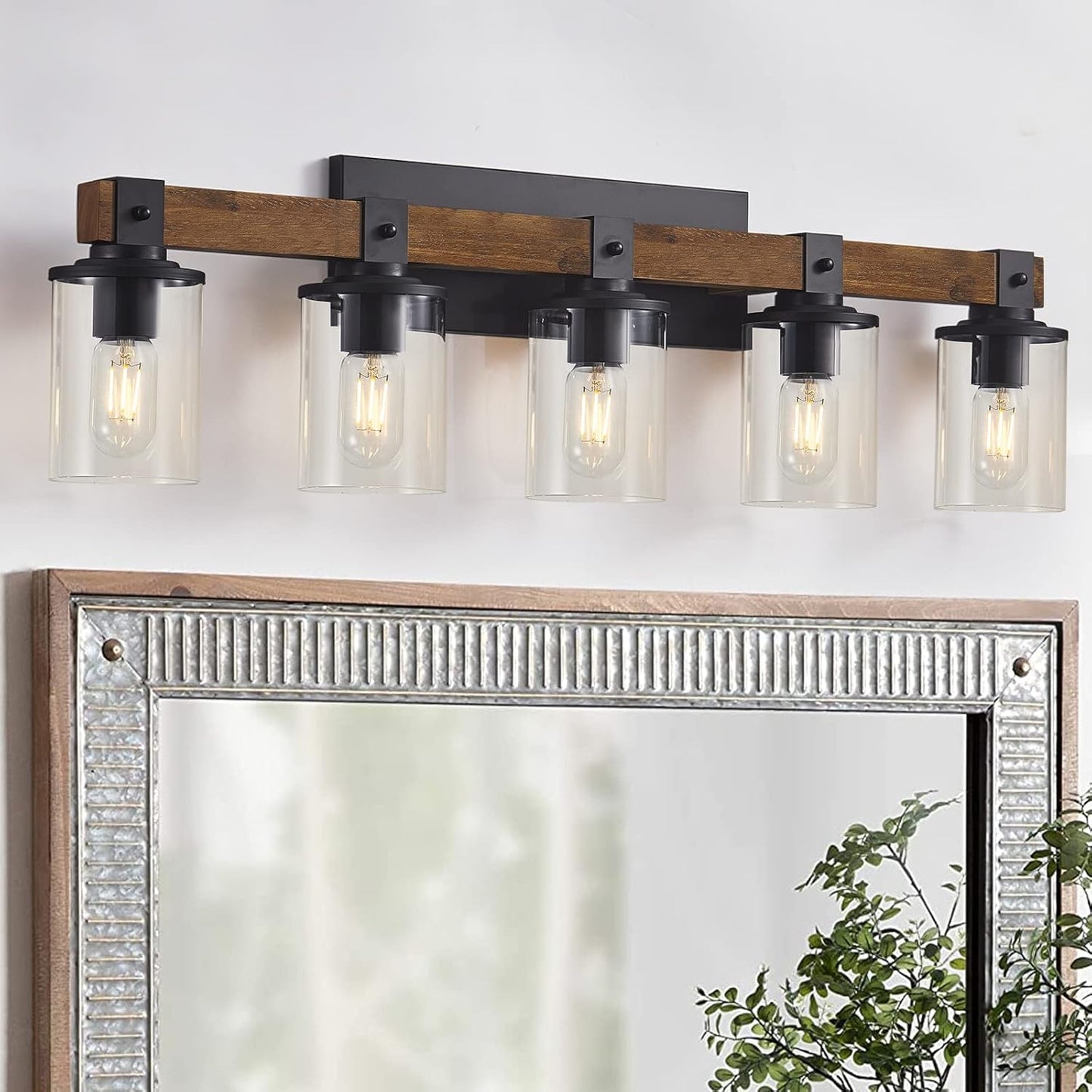 DUJAHMLAND Farmhouse Vanity Light Fixture,3-Light Bathroom Wood Wall Light over Mirror with Clear Glass Shade, Rustic Vintage Wall Sconce Lighting.(Antique Wood, 3-Light)