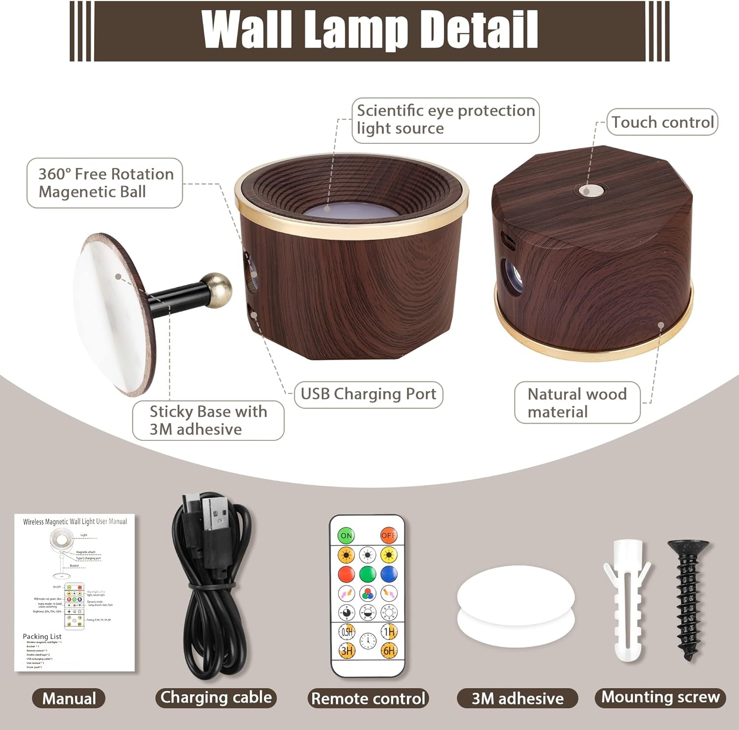Battery Operated Wall Sconce, LED Rechargeable Wireless Wall Lights 3 White & 13 RGB Stepless Dimmable, 360°Rotate Magnetic Ball for Reading in Bed (Walnut Wood, 1PCS)