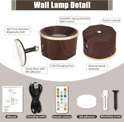 Battery Operated Wall Sconce, LED Rechargeable Wireless Wall Lights 3 White & 13 RGB Stepless Dimmable, 360°Rotate Magnetic Ball for Reading in Bed (Walnut Wood, 1PCS)