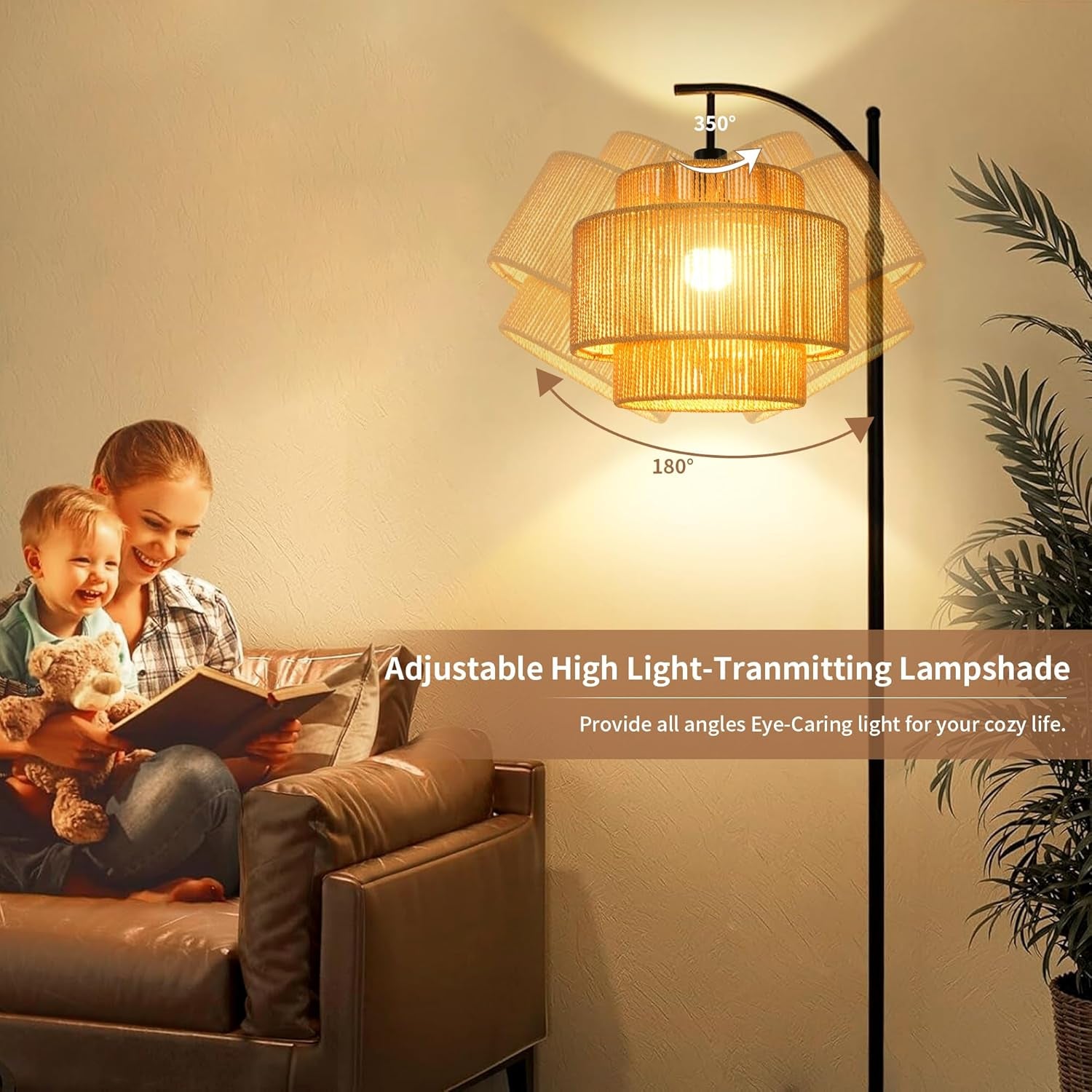 Rattan Floor Lamp for Living Room Bedroom Boho Arc Standing Lamp with Remote Dimmable Black Farmhouse Wicker Bamboo Lamp Shade Floor Light Tall Lamp Industrial Floor Lamps Bohemian Decor
