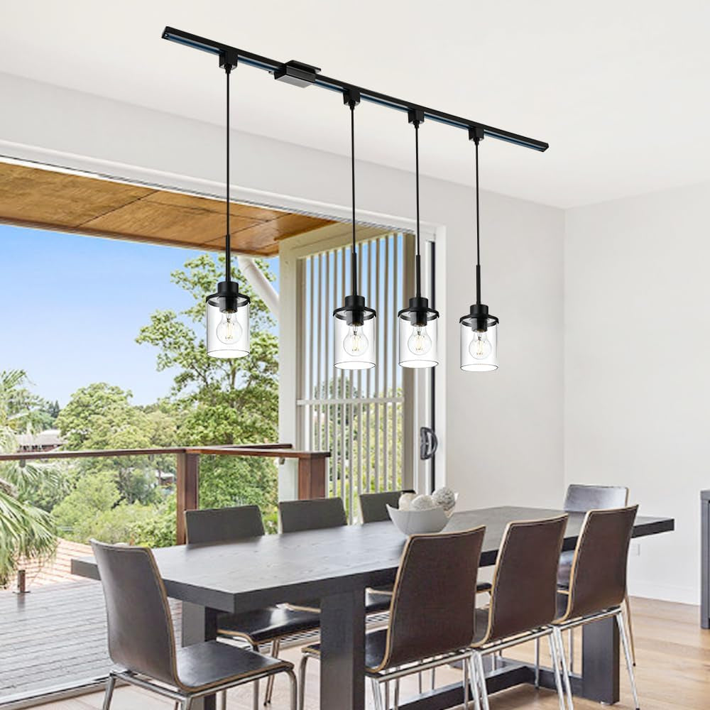 4-Lights H-Type Track Lighting Kitchen Pendant Light Dimmable Black Track Pendant Lighting Fixtures with Clear Glass Shades, Overall Height Approximately 45.8 Inches