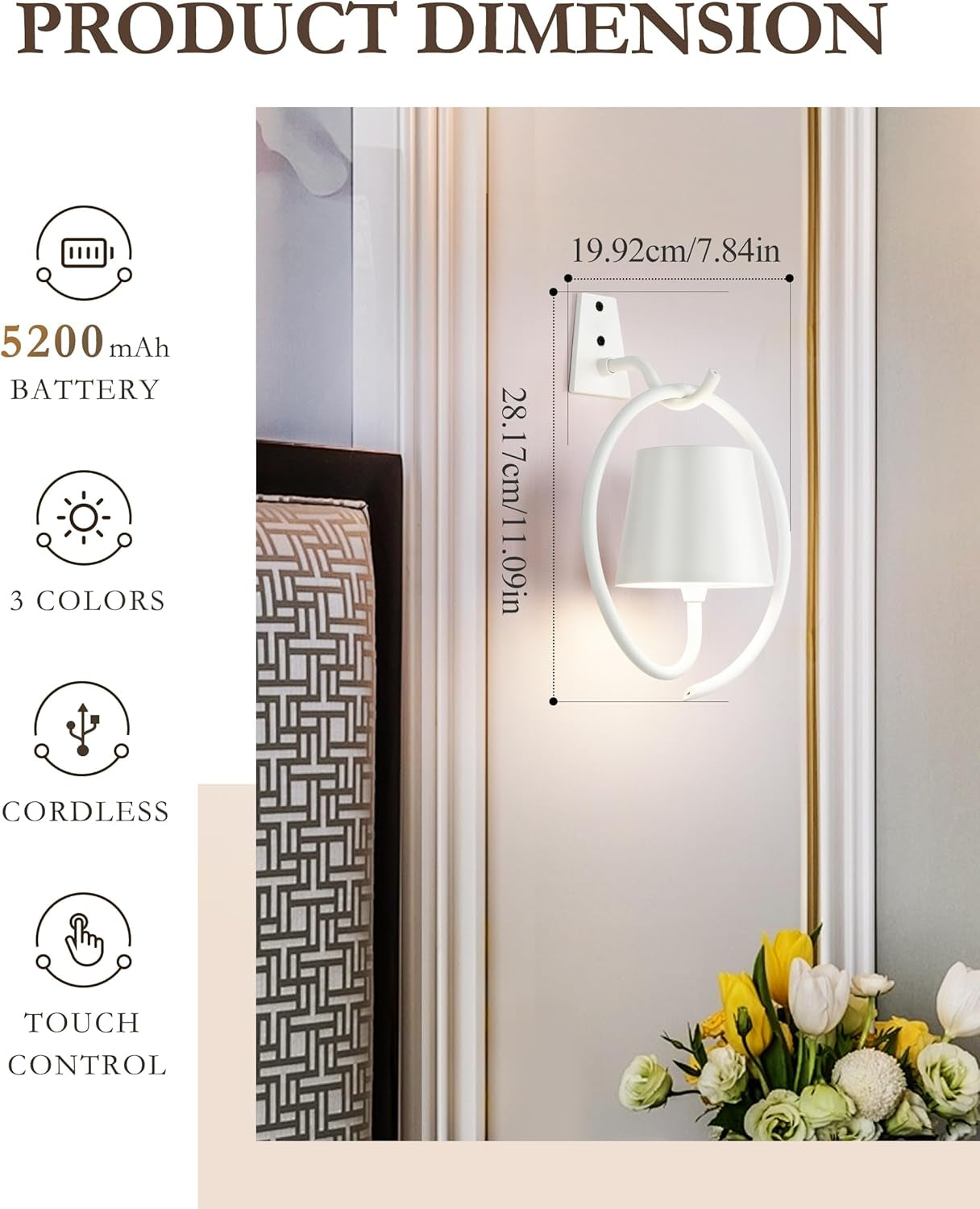 Rechargeable Batttery Operated Wall Sconces,3 Color Stepless Dimming Up,Wireless Wall Light for Battery Operated Lamp for Picture/Bedroom/Living Room/Hallway（White）