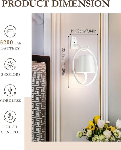 Rechargeable Batttery Operated Wall Sconces,3 Color Stepless Dimming Up,Wireless Wall Light for Battery Operated Lamp for Picture/Bedroom/Living Room/Hallway（White）