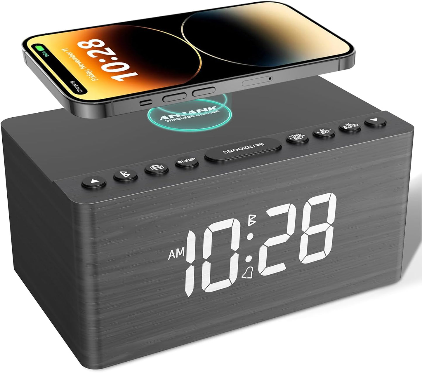 ANJANK Digital LED Alarm Clock FM Radio, Fast Wireless Charger Station for Iphone/Samsung Galaxy, 5 Level Dimmer, USB Charging Port, 2 Sounds, Sleep Timer for Bedroom, Bedside, Desk - Wood