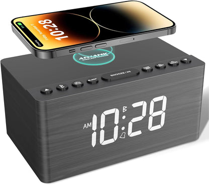 ANJANK Digital LED Alarm Clock FM Radio, Fast Wireless Charger Station for Iphone/Samsung Galaxy, 5 Level Dimmer, USB Charging Port, 2 Sounds, Sleep Timer for Bedroom, Bedside, Desk - Wood