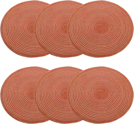 HARFINGTON 6Pcs round Braided Placemats 15" Non-Slip round Table Mats for Dining Tables Washable Heat Insulation Woven Placemats Indoor Outdoor for Family Holiday Dinner, Orange