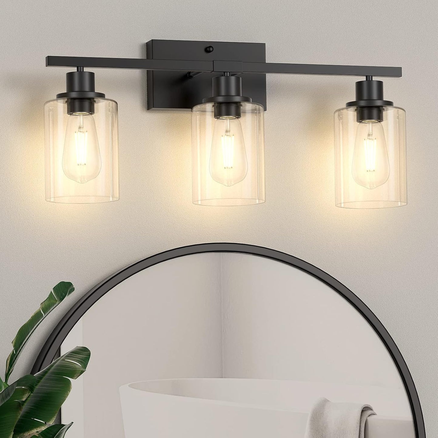 Asnxcju 2-Light Black Bathroom Light Fixture, Vanity Light over Mirror with Clear Glass Shade, Bathroom Wall Sconces Lighting for Bedroom, Living Room, Hallway, E26 Base (Bulbs Not Included)