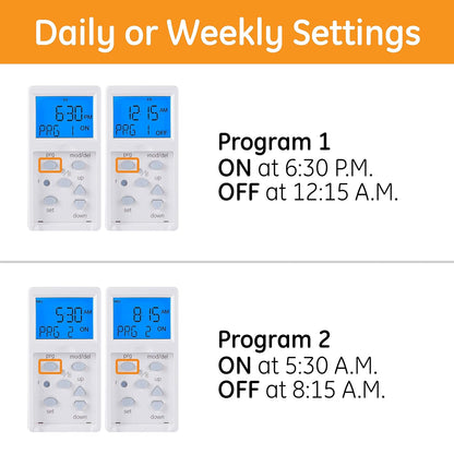 GE Sunsmart Digital In-Wall Timer, Daily On/Off Times, Programmable Settings, Sunset/Sunrise Presets, Vacation Security, White & Almond, Lights, Fans, Heaters, Timer Switch, Light Switch Timer, 32787