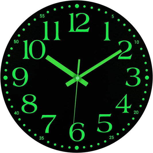 Jofomp Wooden Glow in the Dark Clock, 12 Inch Silent Non-Ticking Battery Operated Clock, Energy-Absorbing Luminous Numerals and Hands, Lighted Wall Clock Decoration