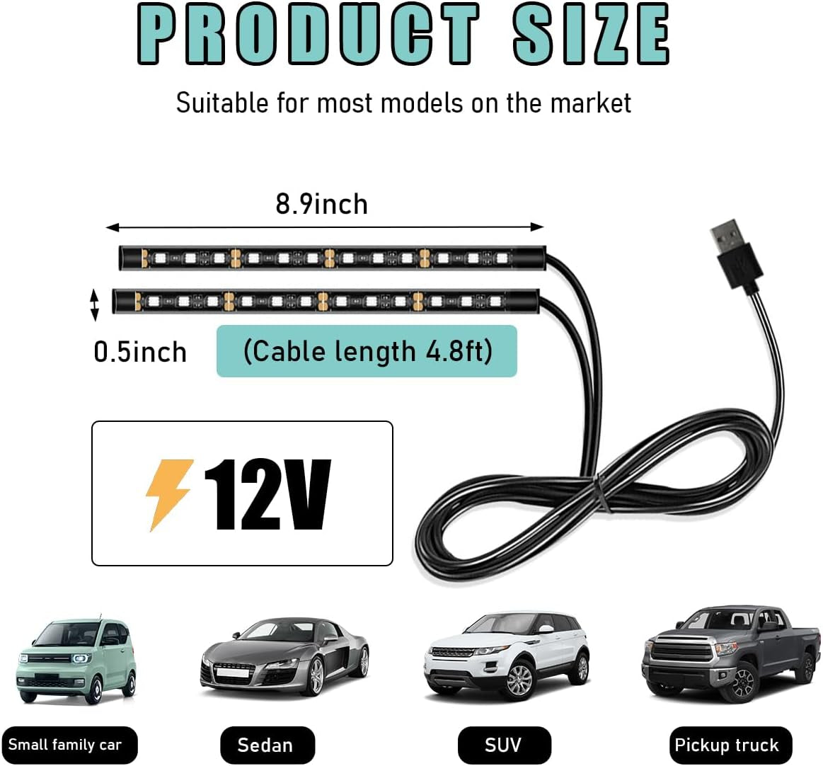 Car LED Strip Light, 24 LED Auto Interior under Dash Atmosphere Lights with USB Port, Vehicle Decor Lamp Ambient Night Light Strip Lighting Kit, Universal Car Accessories (White)