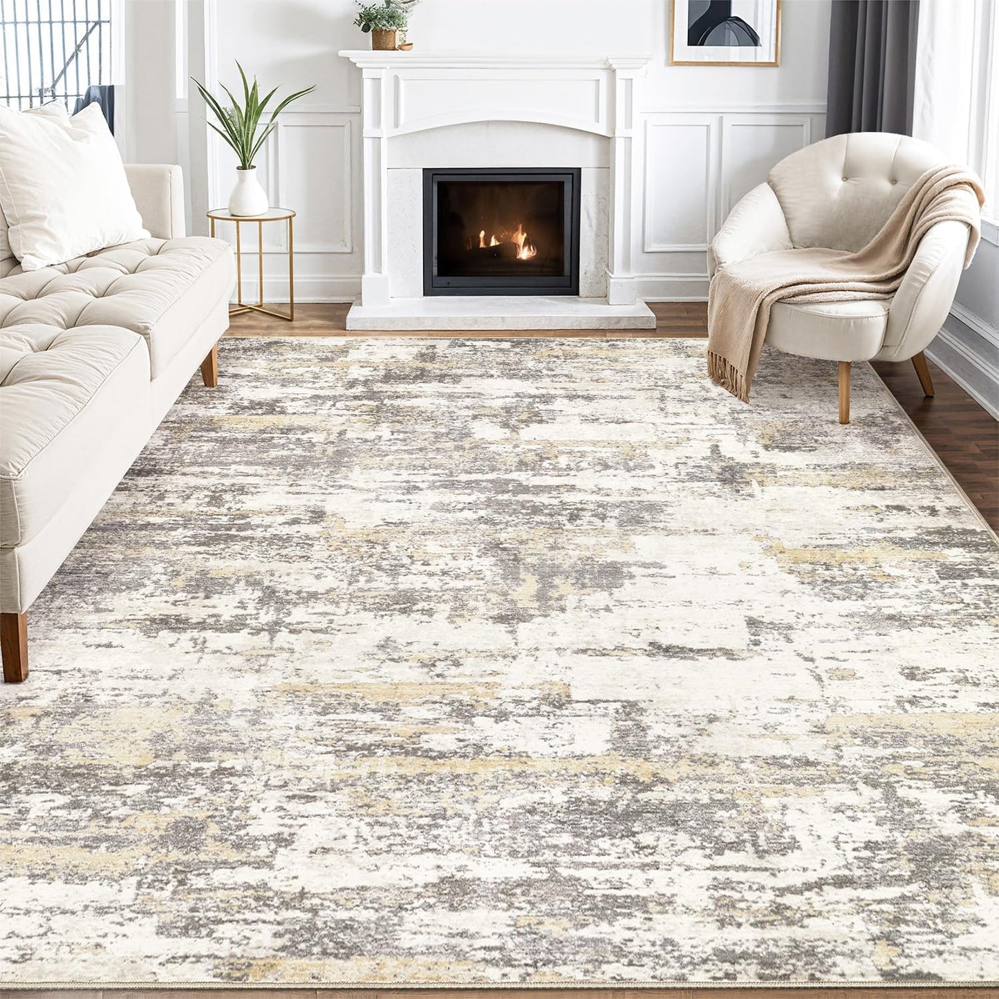 Area Rugs for Living Room: 9X12 Abstract Washable Rug Modern Neutral Large Soft Stain Resistant Non-Slip Backing Machine Table for Bedroom Dining Room Indoor Home Office Carpet - Gold Brown