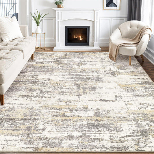 Area Rugs for Living Room: 9X12 Abstract Washable Rug Modern Neutral Large Soft Stain Resistant Non-Slip Backing Machine Table for Bedroom Dining Room Indoor Home Office Carpet - Gold Brown