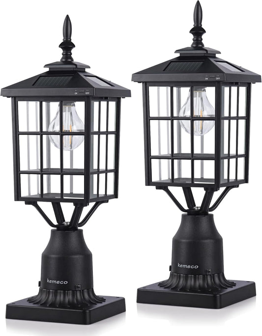 Kemeco Outdoor Solar Post Lights with Pier Mount Base, ST4224Q 2 Pack Black Cast Aluminum Squared Waterproof Exterior Post Lamp Warm White LED for Yard Garden Pillar Pole Pathway