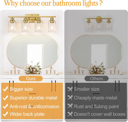 4-Light Bathroom Light Fixtures, Bathroom Vanity Lights with Clear Glass Shades, Gold Bathroom Light Fixtures over Mirror, Modern Bathroom Wall Lamp for Mirror Living Room Cabinet Bedroom Porch