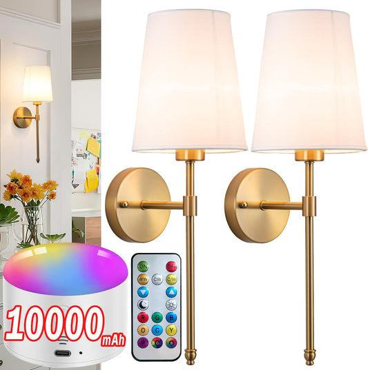 Battery Operated Wall Sconce Light with Remote Control, Dimmable Set of 2 White Fabric Shade, Indoor Wireless Lamp for Bedroom Living Room, Bulb Included (
