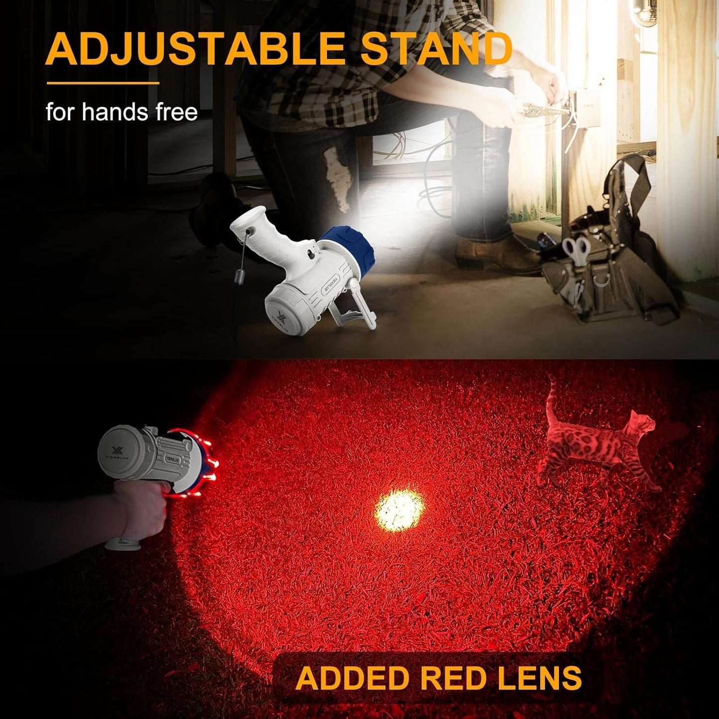YIERBLUE Rechargeable Spotlight Floodlight Combo 1000,000 Lumen LED, IP67 Waterproof Spot Light COB Flood Light, Impact Resistant Handheld Spotlight with Foldable Stand and Detachable Red Len