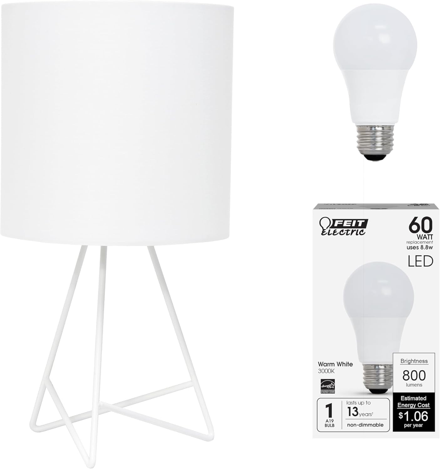 Simple Designs LT2066-GDW-LB 14" down to the Wire Table Lamp for Bedroom, Living Room, Entryway, Office, Gold with White Shade, with Feit LED Bulb Included
