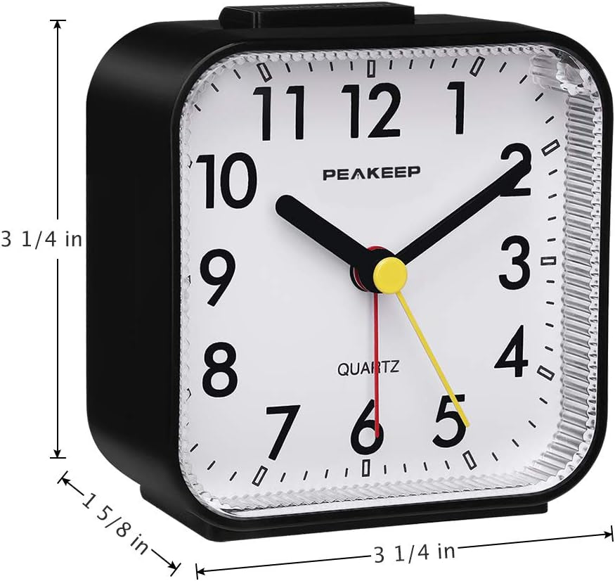 Peakeep Small Battery Operated Analog Travel Alarm Clock Silent No Ticking, Lighted on Demand and Snooze, Beep Sounds, Gentle Wake, Ascending Alarm, Easy Set (Black)