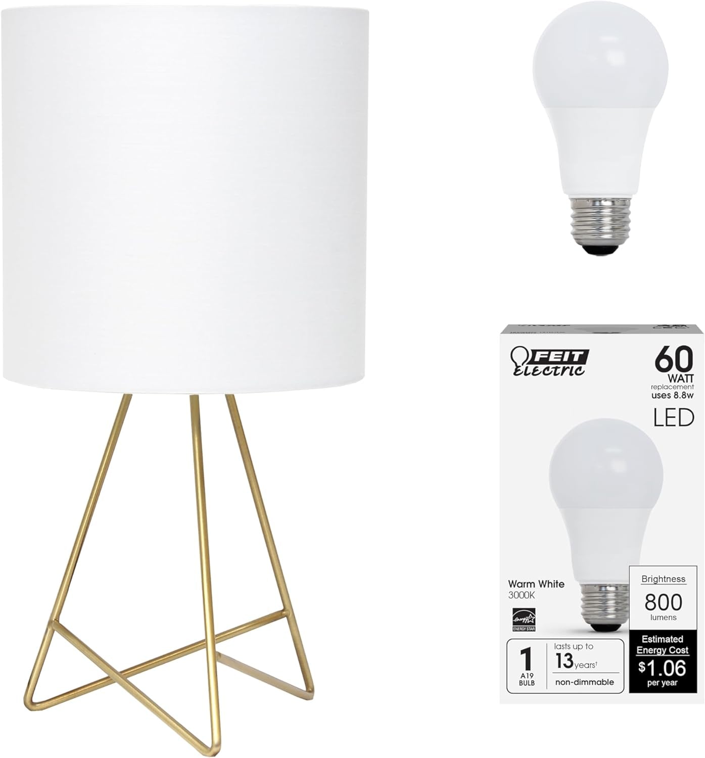 Simple Designs LT2066-GDW-LB 14" down to the Wire Table Lamp for Bedroom, Living Room, Entryway, Office, Gold with White Shade, with Feit LED Bulb Included