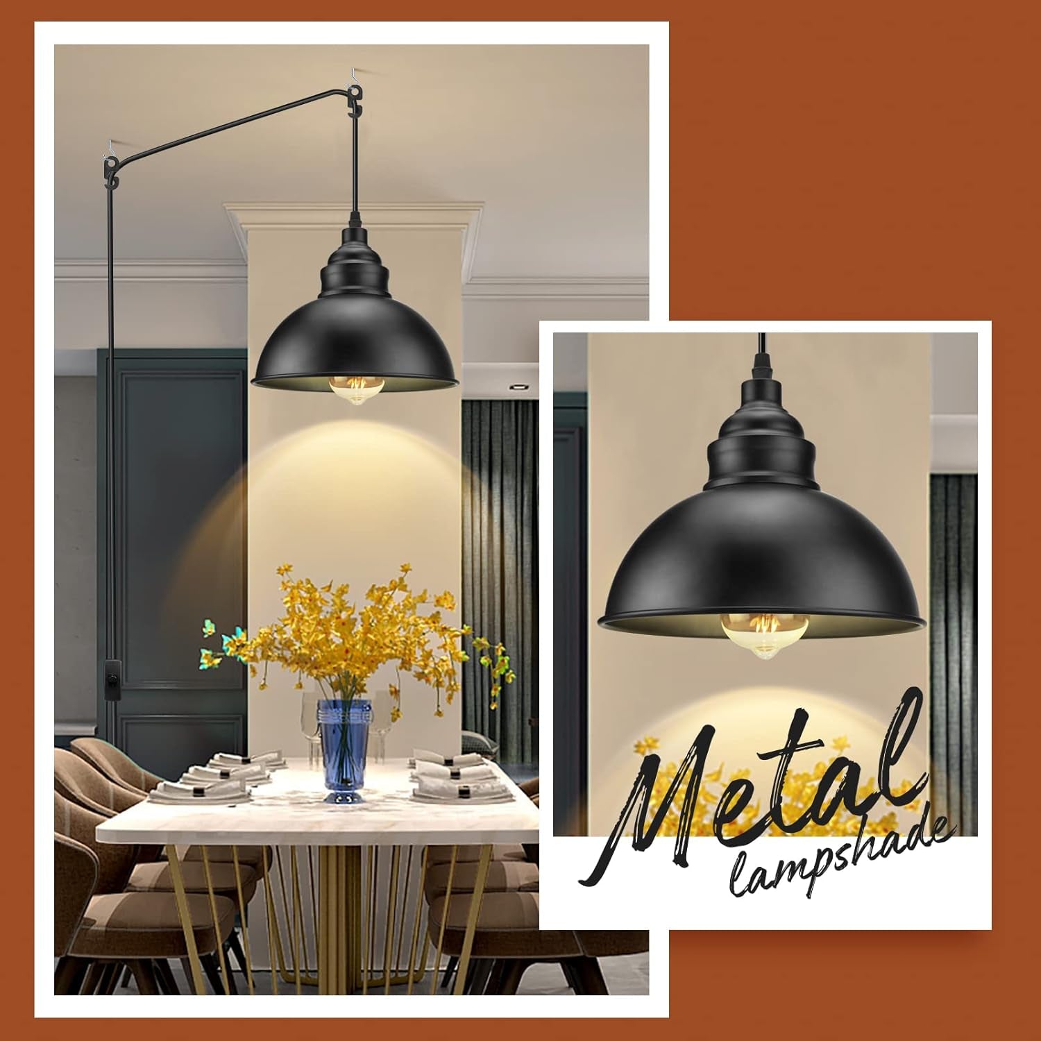 Plug in Pendant Light, 15FT Hanging Lights with Plug in Cord, On/Off Switch, Industrial Pendant Light with Plug in Cord, Metal Hanging Lamps for Living Room, Kitchen, Dining Room, Bedroom