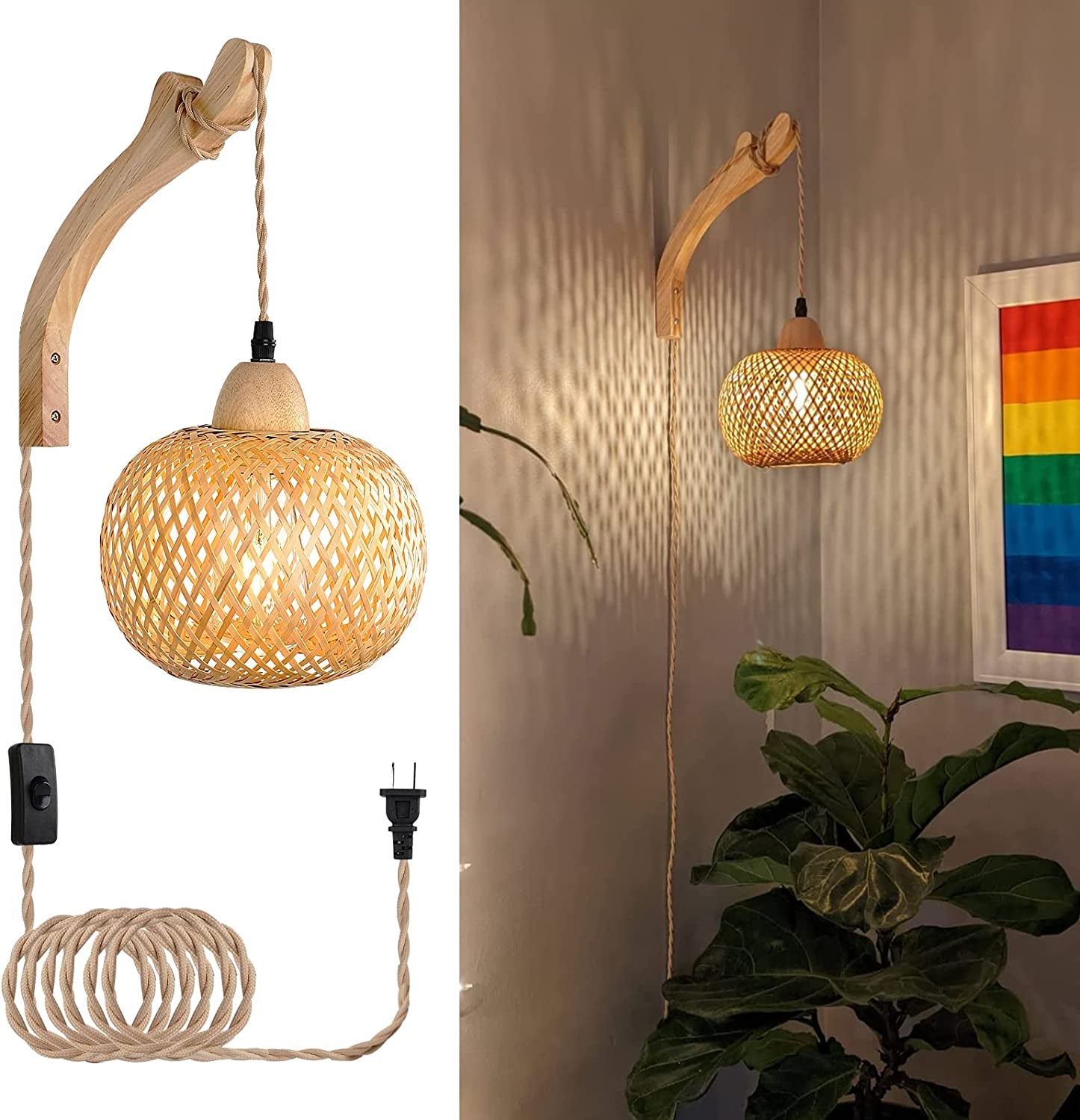 Frideko 3-Light Bathroom Vanity Light Fixtures, Modern Rattan Bathroom Lighting Fixtures over Mirror, Boho Wall Sconces with Woven Lampshade, Black Wall Lamp for Farmhouse Living Room Bedroom