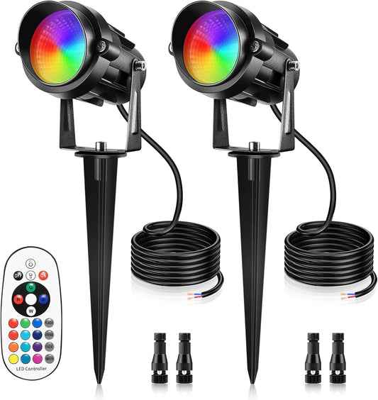 12W RGBW Color Changing Landscape Lights - Low Voltage LED Landscape Lighting, Remote Control Spotlight Outdoor Waterproof Garden Pathway Halloween Christmas Spot Lights, 2 Pack with Connector