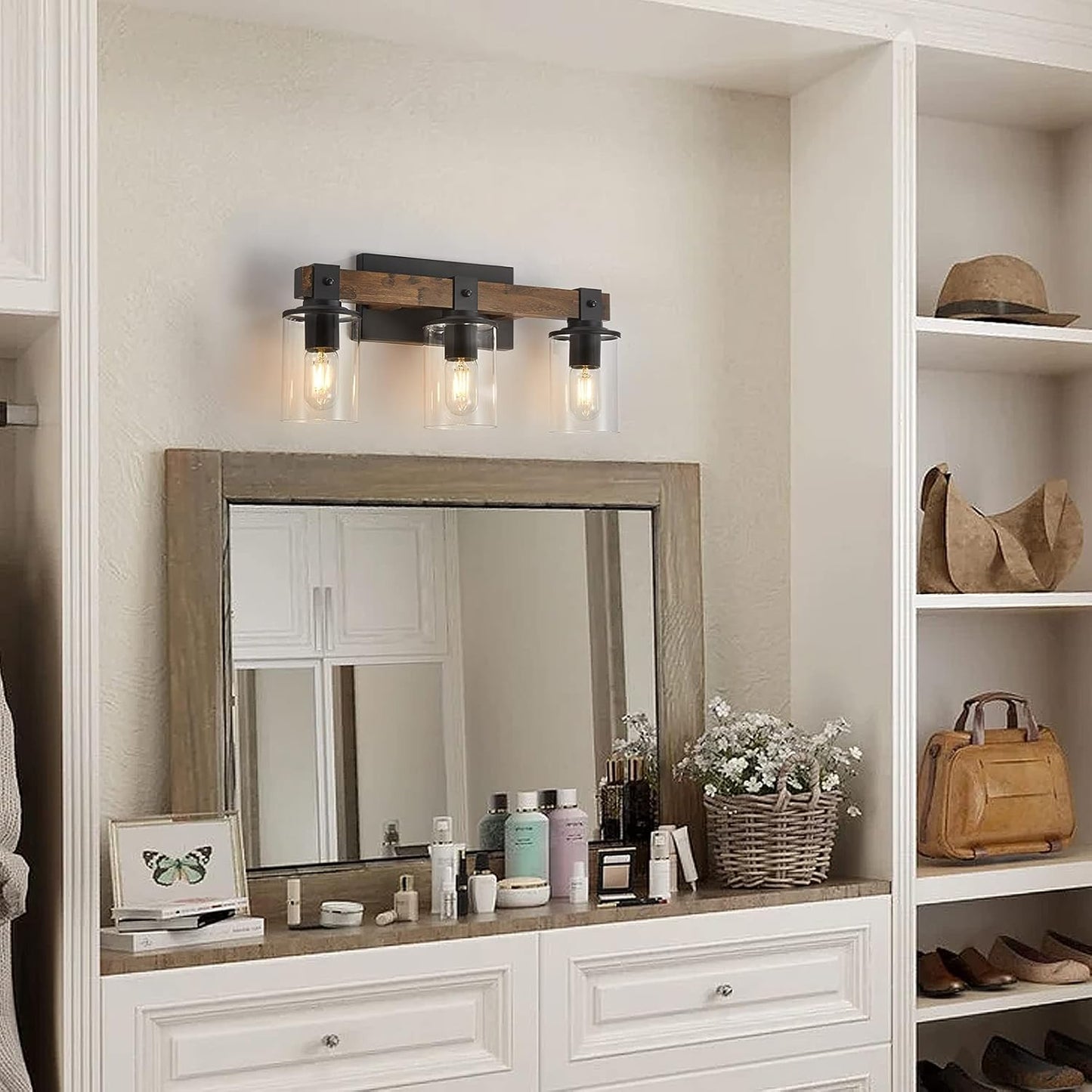 DUJAHMLAND Farmhouse Vanity Light Fixture,3-Light Bathroom Wood Wall Light over Mirror with Clear Glass Shade, Rustic Vintage Wall Sconce Lighting.(Antique Wood, 3-Light)