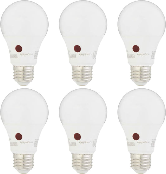 Amazon Basics A19 Dusk to Dawn Sensor LED Outdoor Light Bulb, 60W Equivalent, Energy-Efficient 9W, Soft White 2700K, E26 Base, 10,000 Hours, 6 Count (Pack of 1)