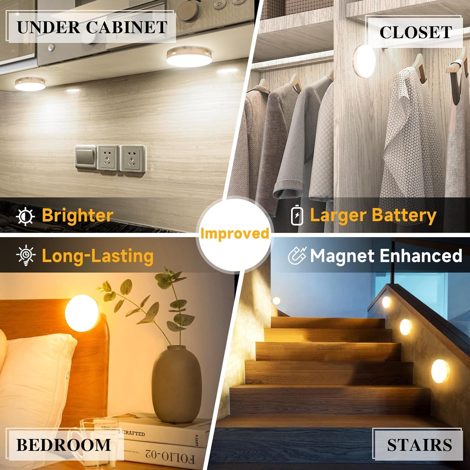 Improved LED Rechargeable Motion Sensor Light Indoor, Long-Lasting Battery, Closet Lights Motion Sensored, Motion Sensor Night Light, Puck Lights for Closet, Cabinet, Kitchen - Cool 2Pack