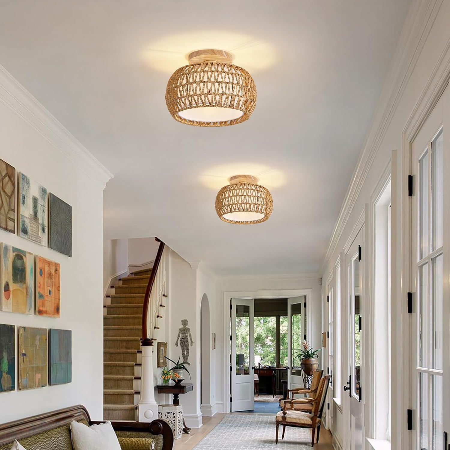 Rattan Ceiling Light Fixture，3 Style Options Boho Flush Mount Ceiling Lights, Hand-Woven Rattan Chandelier,Mini Bohemian Wicker Light Fixtures, Farmhouse Light Fixture for Bedroom Hallway Entryway