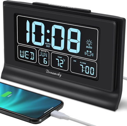 Dreamsky Alarm Clocks for Bedrooms with Battery Backup, Auto Set Digital Clock with Date and Day of Week, Temperature, USB Port, Auto DST, Dimmer, 12/24H