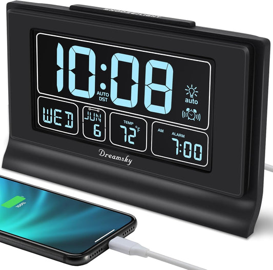 Dreamsky Alarm Clocks for Bedrooms with Battery Backup, Auto Set Digital Clock with Date and Day of Week, Temperature, USB Port, Auto DST, Dimmer, 12/24H