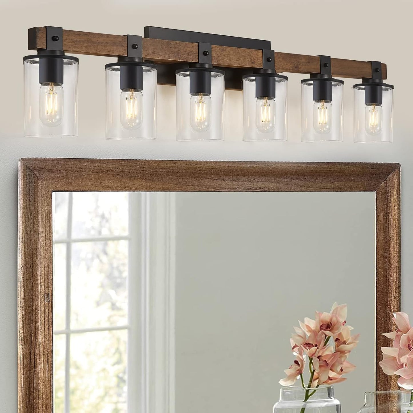 DUJAHMLAND Farmhouse Vanity Light Fixture,3-Light Bathroom Wood Wall Light over Mirror with Clear Glass Shade, Rustic Vintage Wall Sconce Lighting.(Antique Wood, 3-Light)