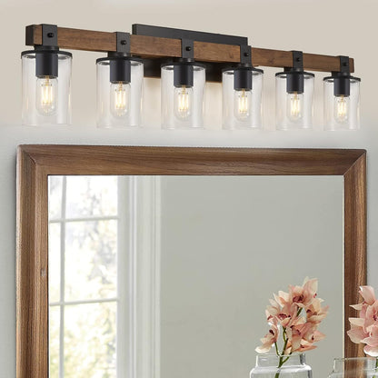 DUJAHMLAND Farmhouse Vanity Light Fixture,3-Light Bathroom Wood Wall Light over Mirror with Clear Glass Shade, Rustic Vintage Wall Sconce Lighting.(Antique Wood, 3-Light)