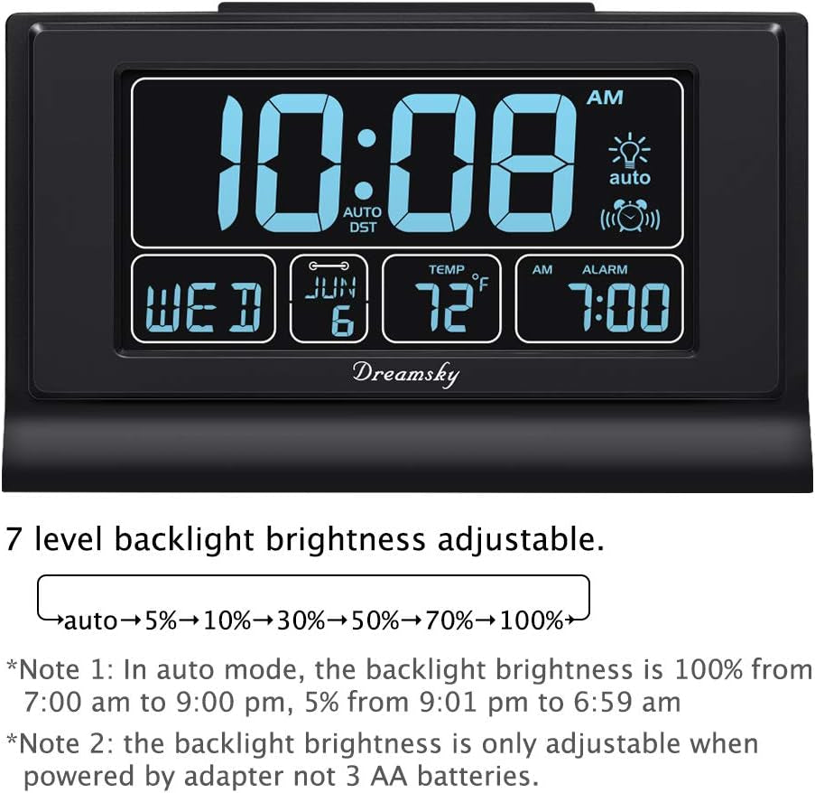 Dreamsky Alarm Clocks for Bedrooms with Battery Backup, Auto Set Digital Clock with Date and Day of Week, Temperature, USB Port, Auto DST, Dimmer, 12/24H
