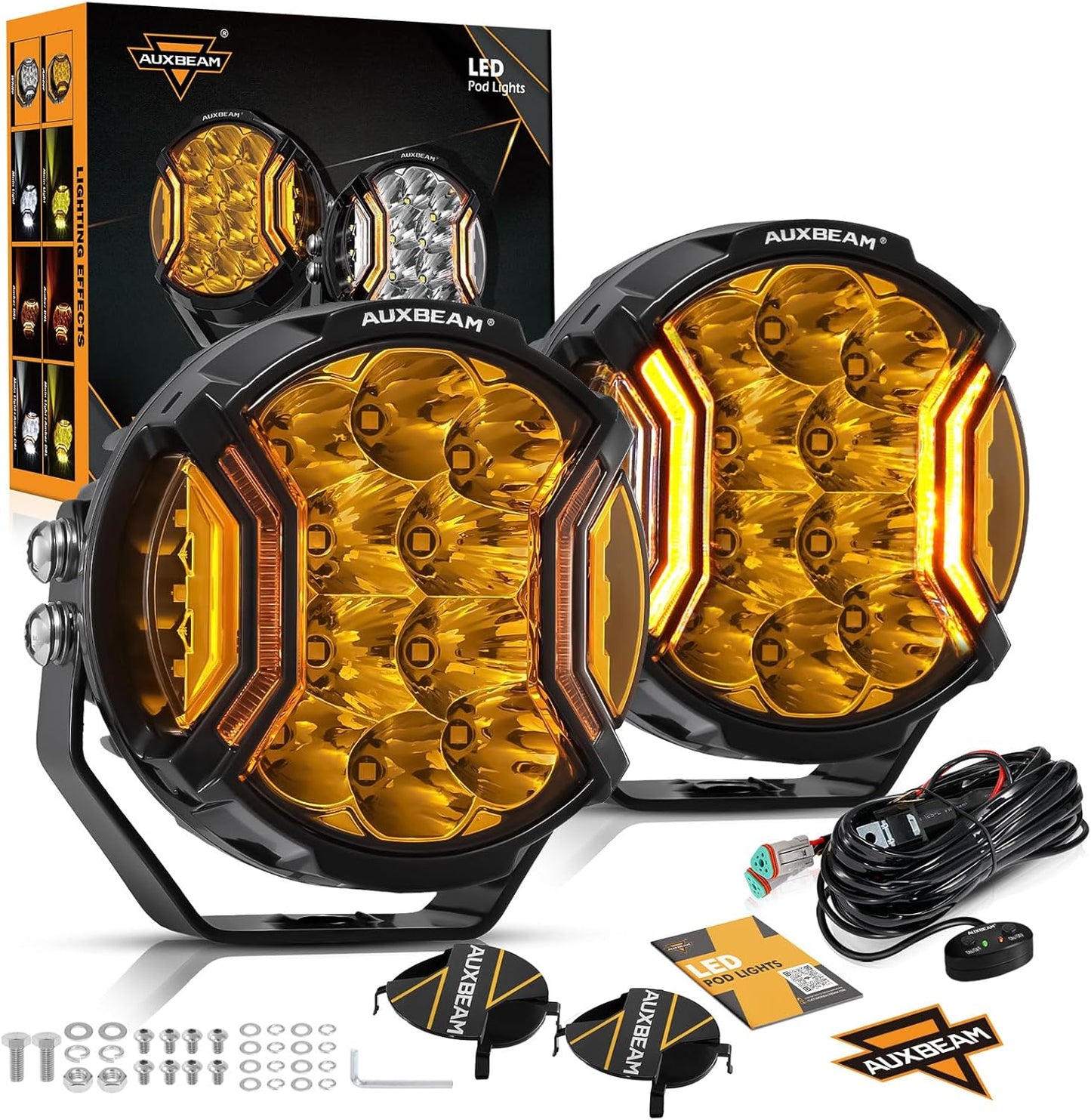 Auxbeam 4 Inch LED Pod Lights, 92W V-MAX Series Square Offroad Driving Lights with Amber DRL, 270° Spot Flood Combo Beam Side Shooter Cube Work Auxiliary Lights with Yellow Cover for Truck SUV ATV UTV