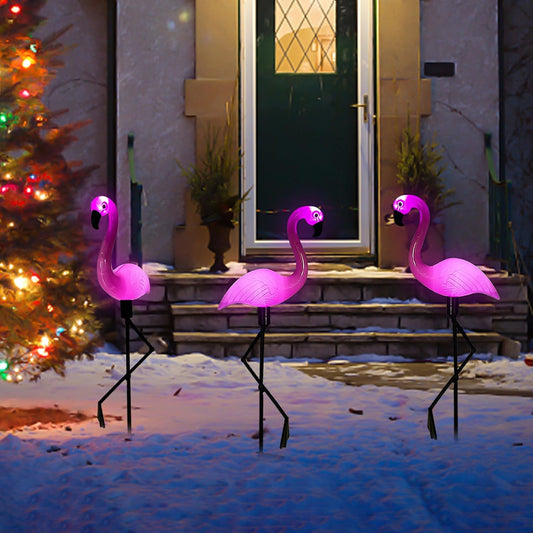 Solar Flamingo Light 3 Pcs, Waterproof Solar Garden Lights Outdoor Decor, Pink Flamingo Garden Decor, Birthday Christmas New Home Gift, for Yard Lawn Walkway Pathway