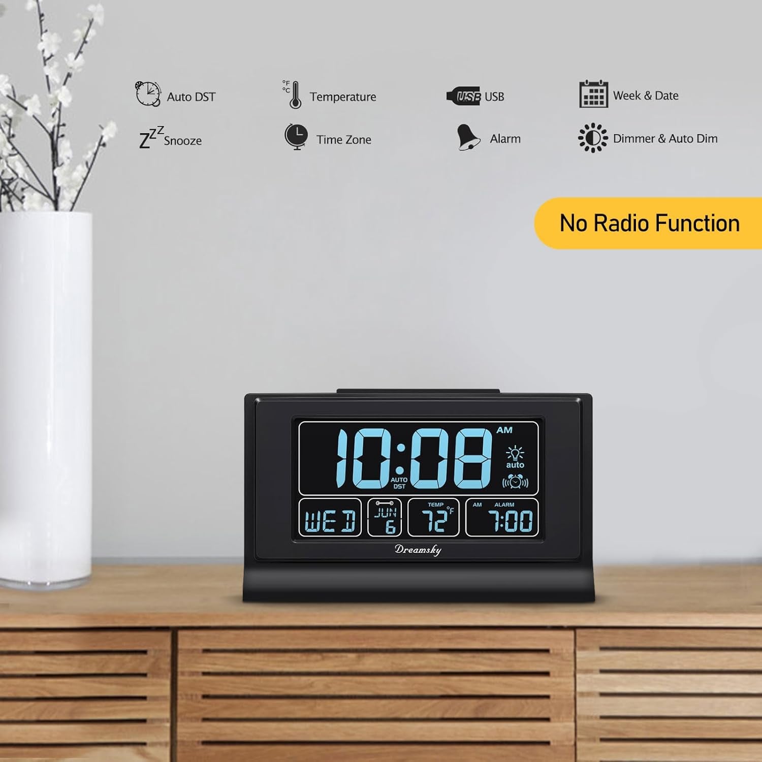 Dreamsky Alarm Clocks for Bedrooms with Battery Backup, Auto Set Digital Clock with Date and Day of Week, Temperature, USB Port, Auto DST, Dimmer, 12/24H