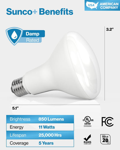 Sunco 6 Pack BR30 LED Light Bulbs, Recessed Can Light Bulbs, CRI93 850 LM, 11W Equivalent 65W, 3000K Warm White, E26 Base, 25000 Lifetime Hours Interior Home Residential Indoor Flood Lights UL