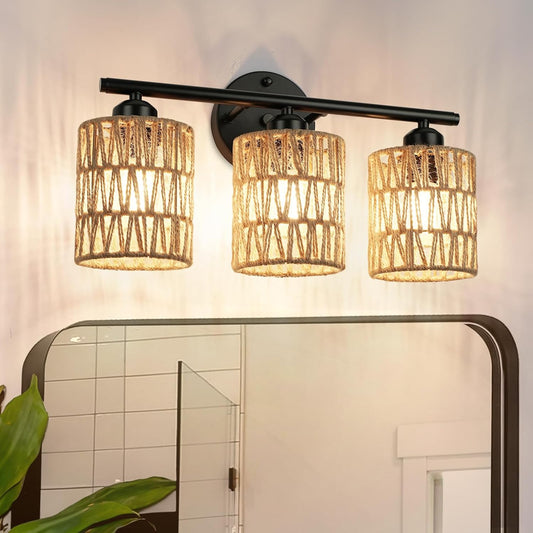 Frideko 3-Light Bathroom Vanity Light Fixtures, Modern Rattan Bathroom Lighting Fixtures over Mirror, Boho Wall Sconces with Woven Lampshade, Black Wall Lamp for Farmhouse Living Room Bedroom