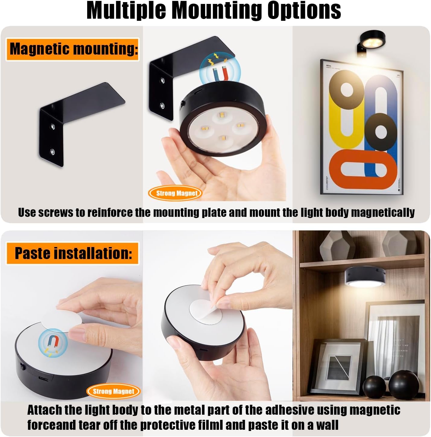3Pack LED Picture Light Magnetic Painting Light with Remote and Dimmable Timer, LED Picture Frame Lights for Wall, Art Display Light with 3 Lighting Modes, Wireless Wall Decor Puck Lights, Black