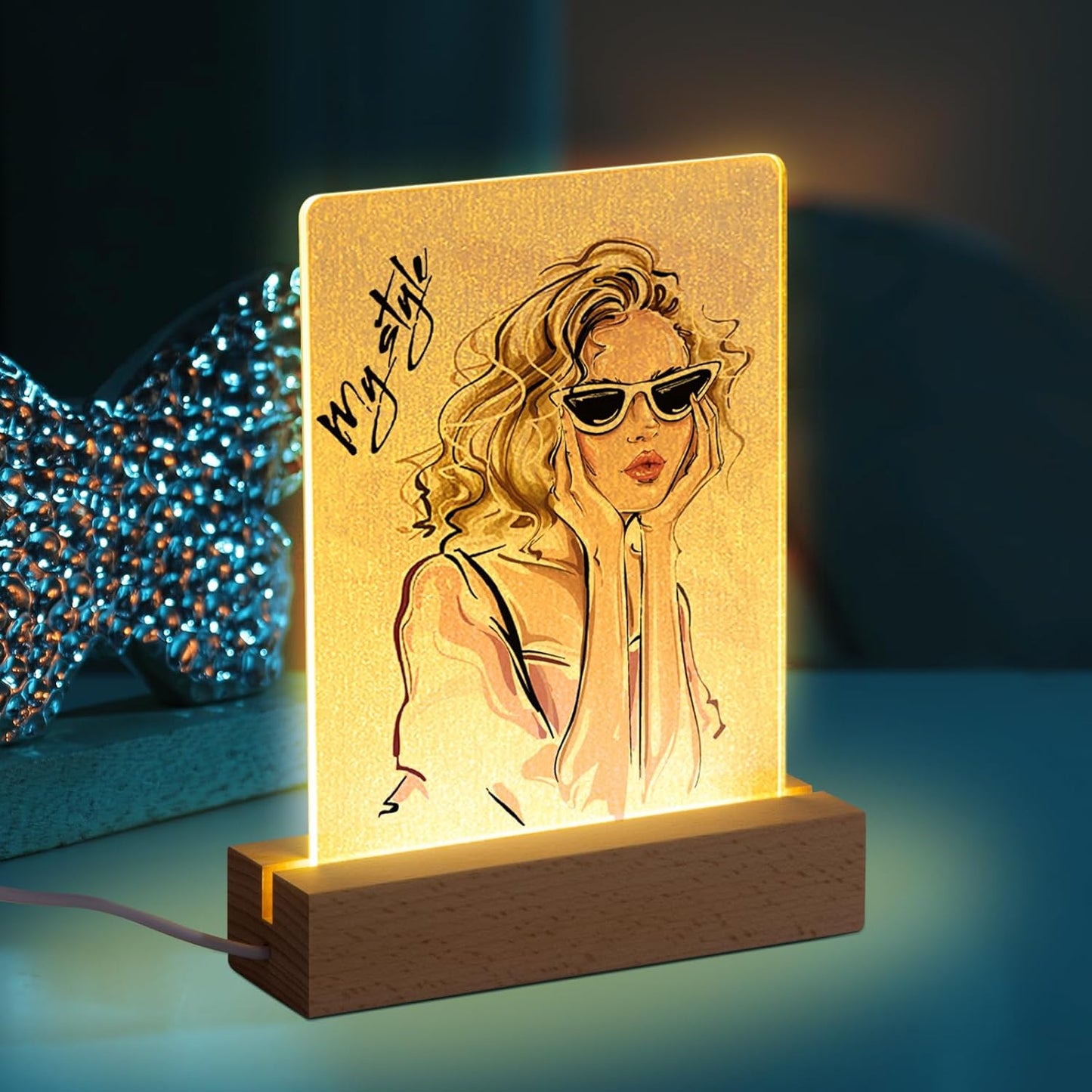 PYD Life 4 Pack Sublimation LED Acrylic Photo Frames Night Lights Blanks 6" X 8" with Warm Color Light,With Wood Stand for Heat Press Machine Printing